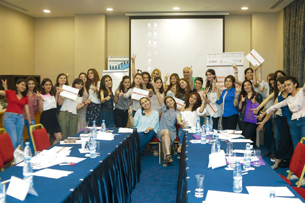 Photo of the 28 women from all over Azerbaijan that participated in the Empowering Young Women through Information & Knowledge: Leadership & Development” Workshop