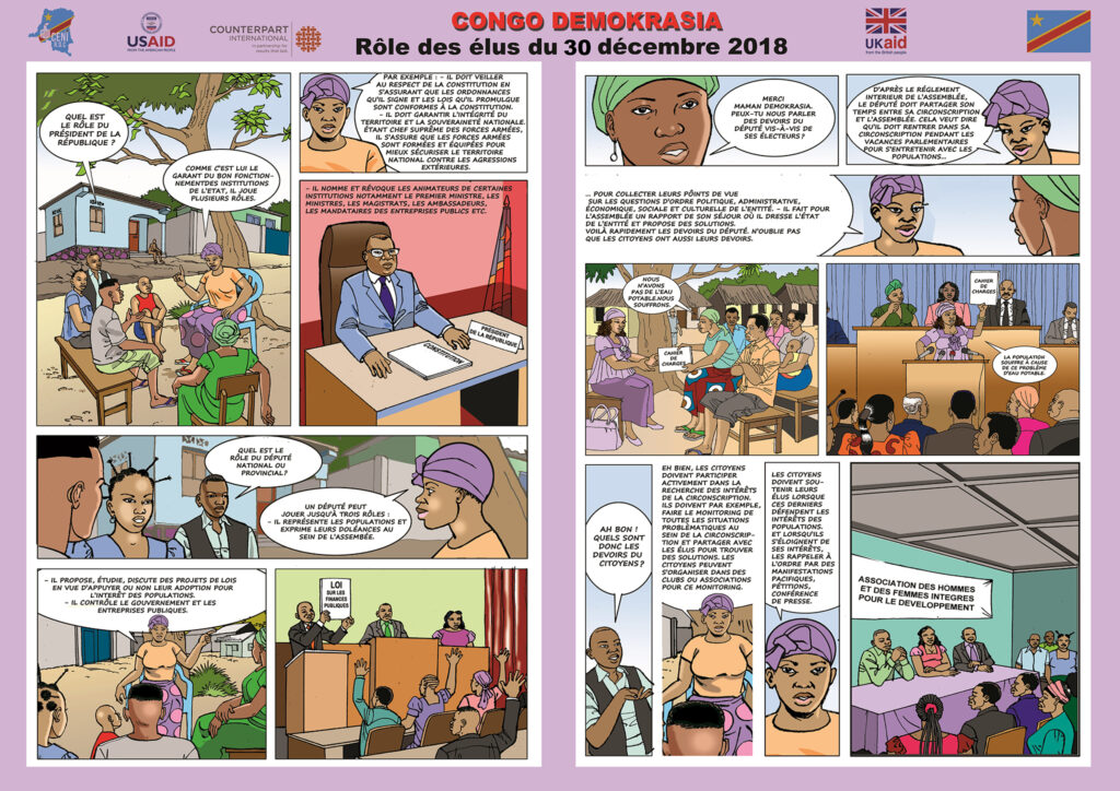 Comic strip version of a Fiche Thematique for voter and democratic process education